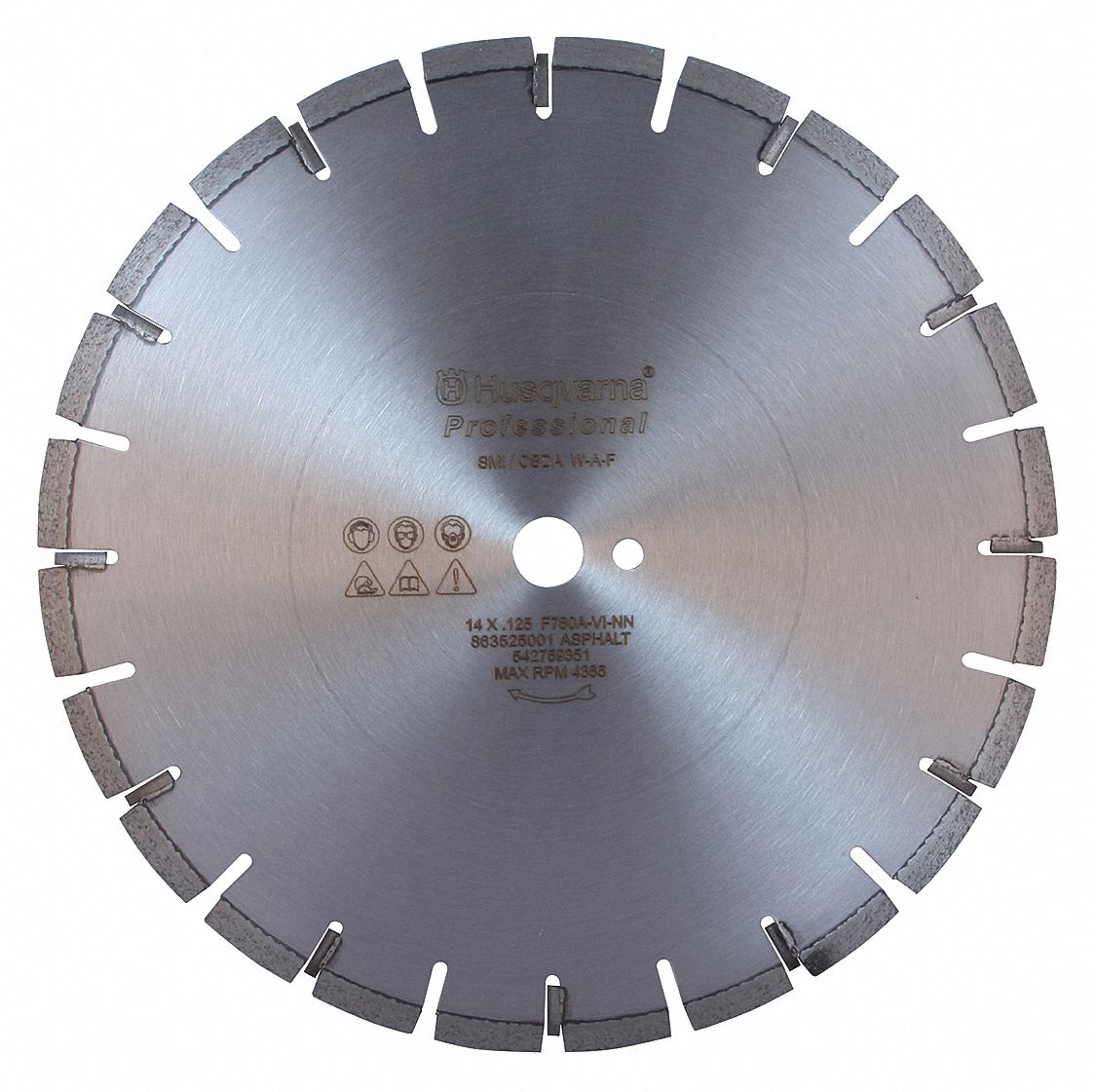 DIAMOND SAW BLADE, SEGMENTED, 14 IN, 1 IN ARBOUR, WET, 3395 RPM, 80 HP, ASPHALT, FOR FLAT SAWS