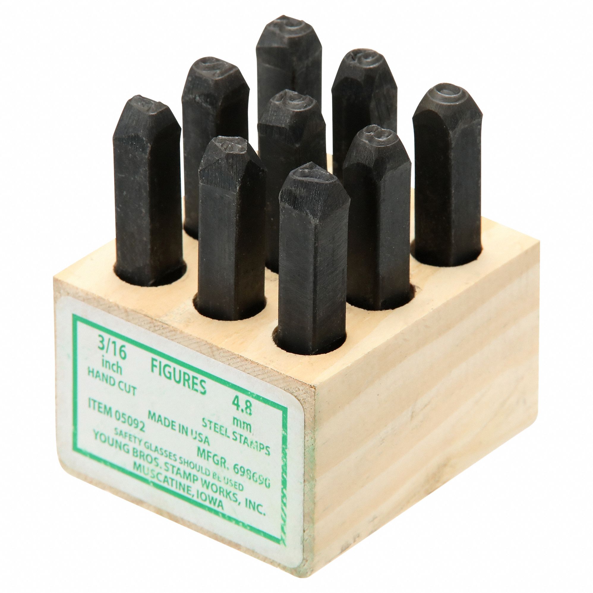 Hand Stamp Kit: 0 thru 9 (6 doubles as 9), 1/8 in Character Ht, Steel, Wood