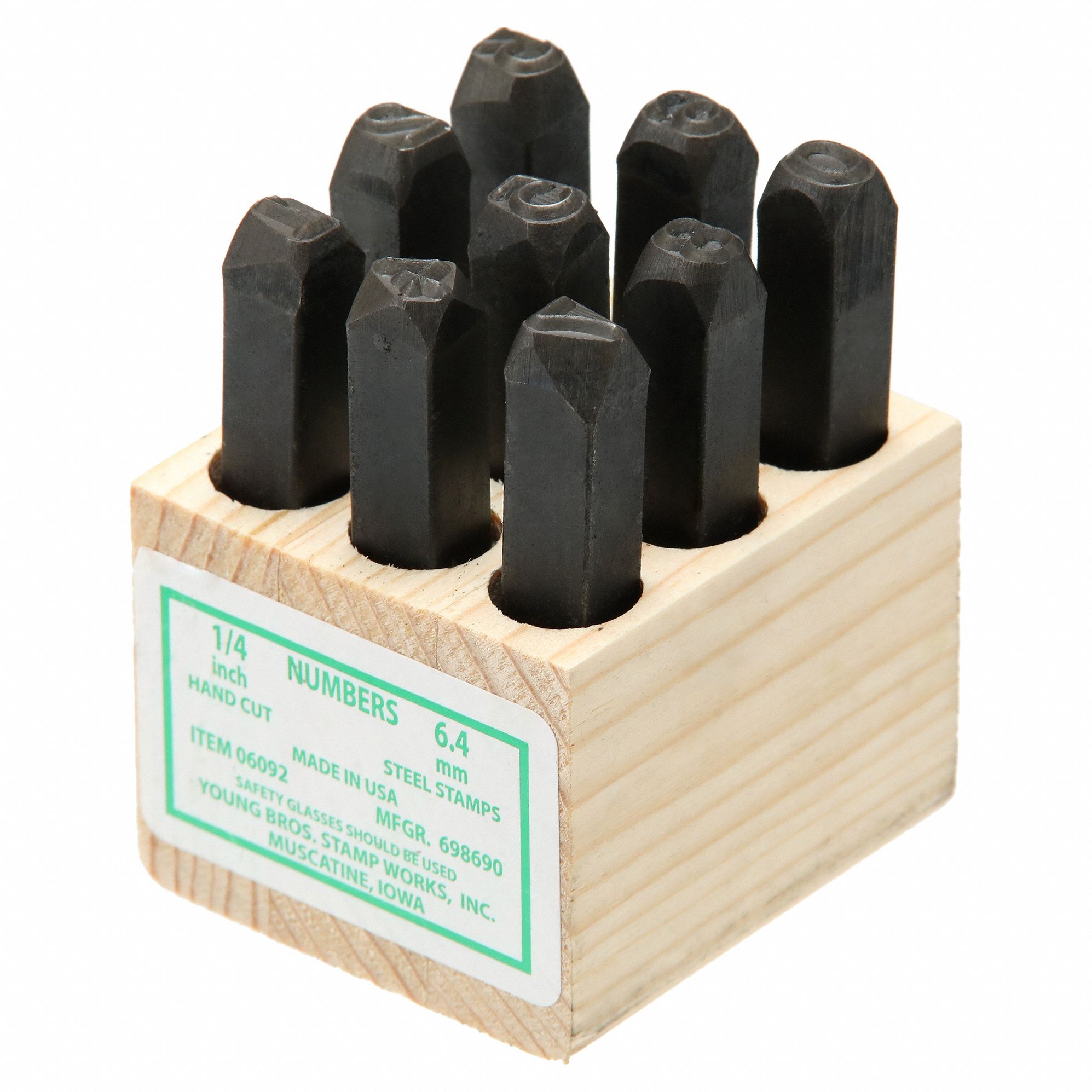 Hand Stamp Kit: 0 thru 9 (6 doubles as 9), 1/4 in Character Ht, Steel, Wood