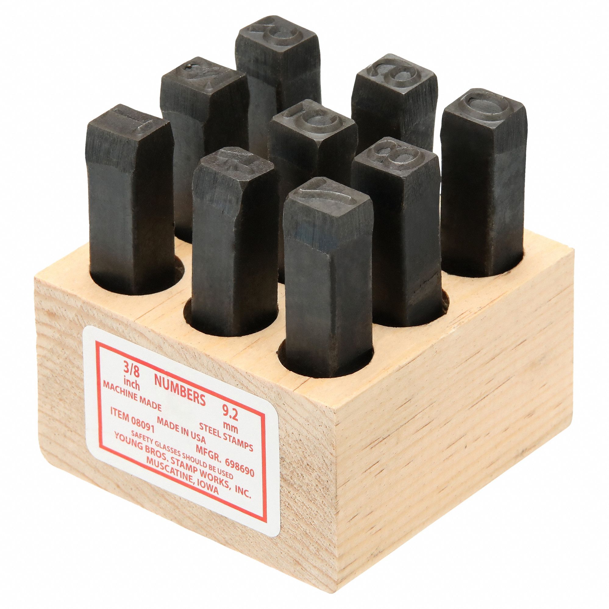 Hand Stamp Kit: 0 thru 9 (6 doubles as 9), 3/8 in Character Ht, Steel