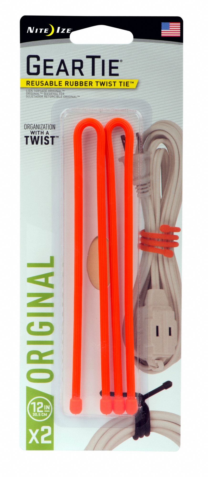 NITE IZE Gear Tie, Color Orange, Nominal Length 12 in, Material Rubber