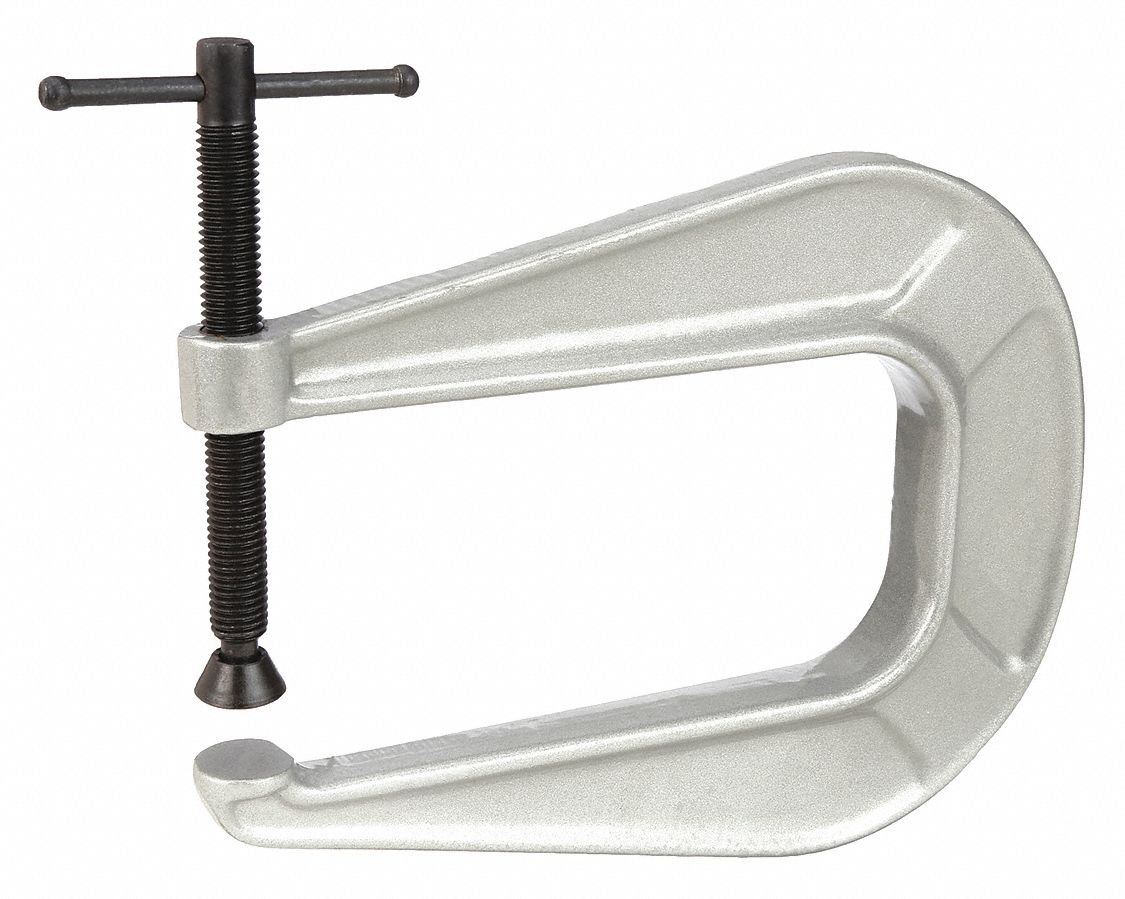 C-Clamp: Medium Duty, Flat, Swivel, Sliding T Handle, 0 in – 2 1/2 in Jaw Opening, Cast Iron