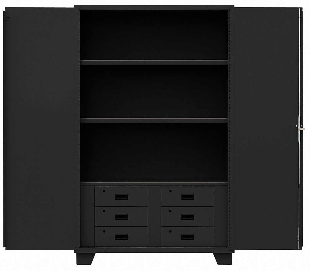 Storage Cabinet: 48 in x 24 in x 78 in, Swing  Handle & Padlock Hasp, 14 ga Panel Thick, Legs