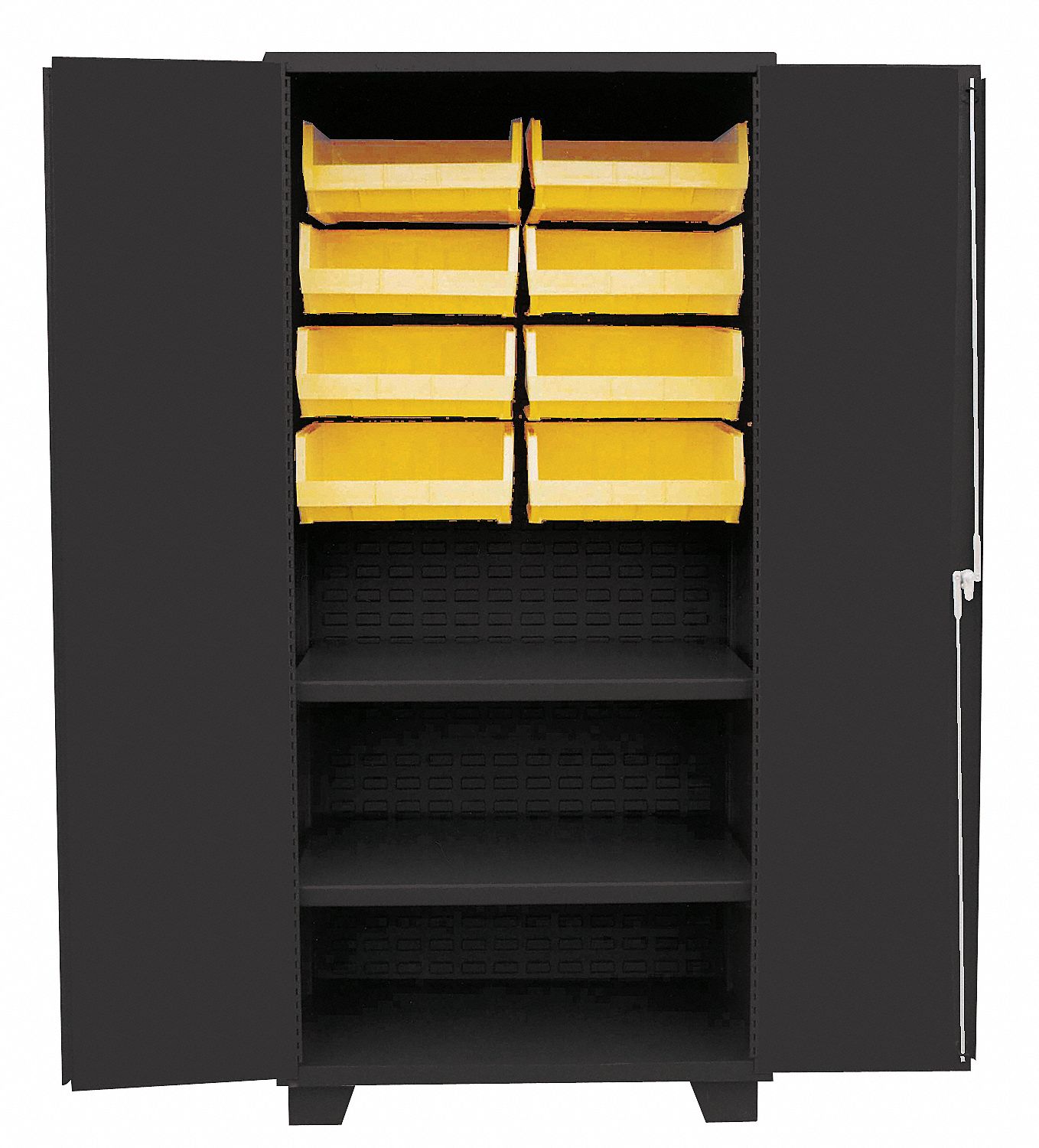 Bin Cabinet: 36 in x 24 in 78 in, 2 Shelves, 8 Bins, Yellow, Solid, 14 ga Panel, Black, Solid