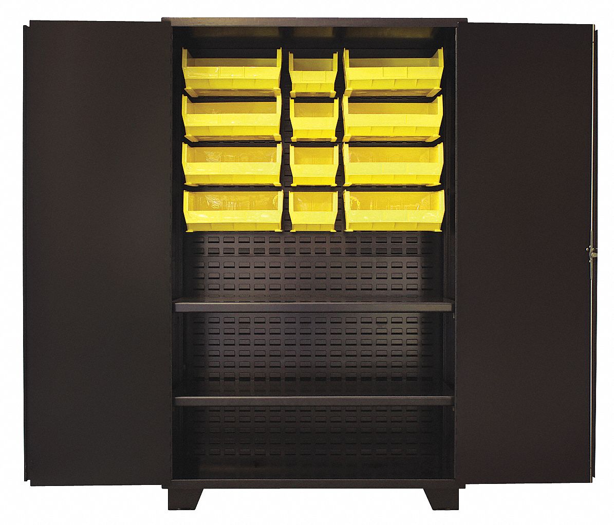 Bin Cabinet: 48 in x 24 in 78 in, 2 Shelves, 12 Bins, Yellow, Solid, 14 ga Panel, Black, Solid
