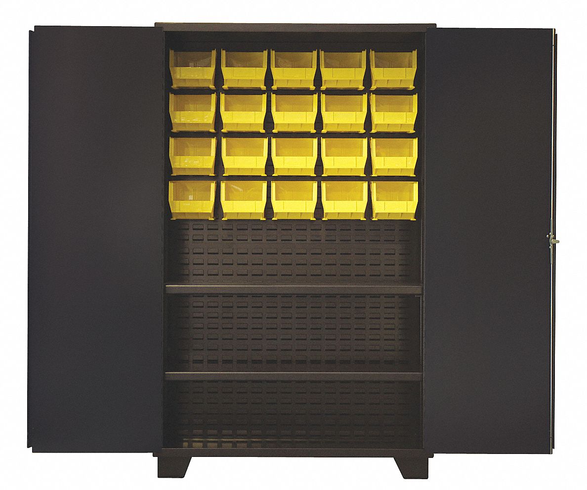 Bin Cabinet: 36 in x 24 in 78 in, 2 Shelves, 20 Bins, Yellow, Solid, 14 ga Panel, Black, Solid