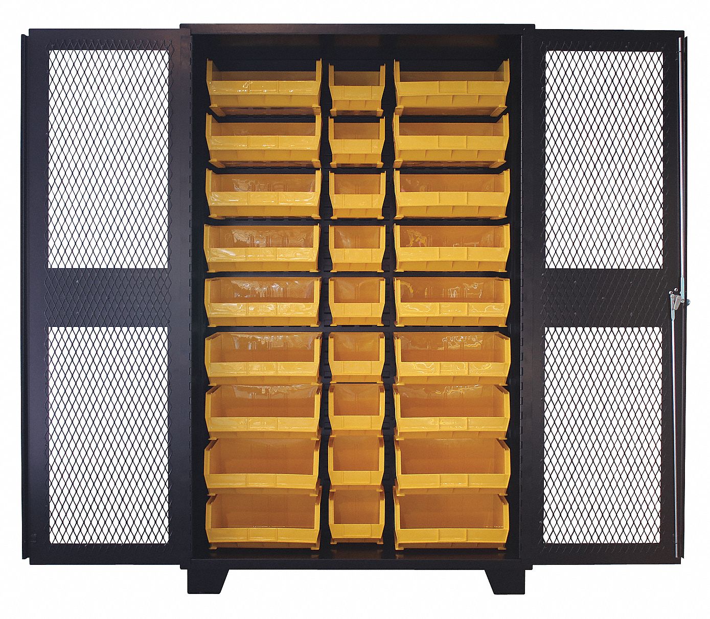 Bin Cabinet: 48 in x 24 in 78 in, 0 Shelves, 27 Bins, Yellow, Ventilated, 14 ga Panel, Black