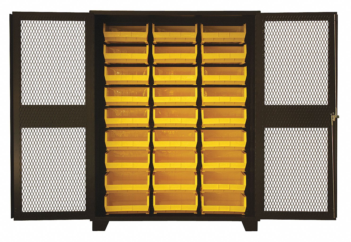 Bin Cabinet: 60 in x 24 in 78 in, 0 Shelves, 27 Bins, Yellow, Ventilated, 14 ga Panel, Black