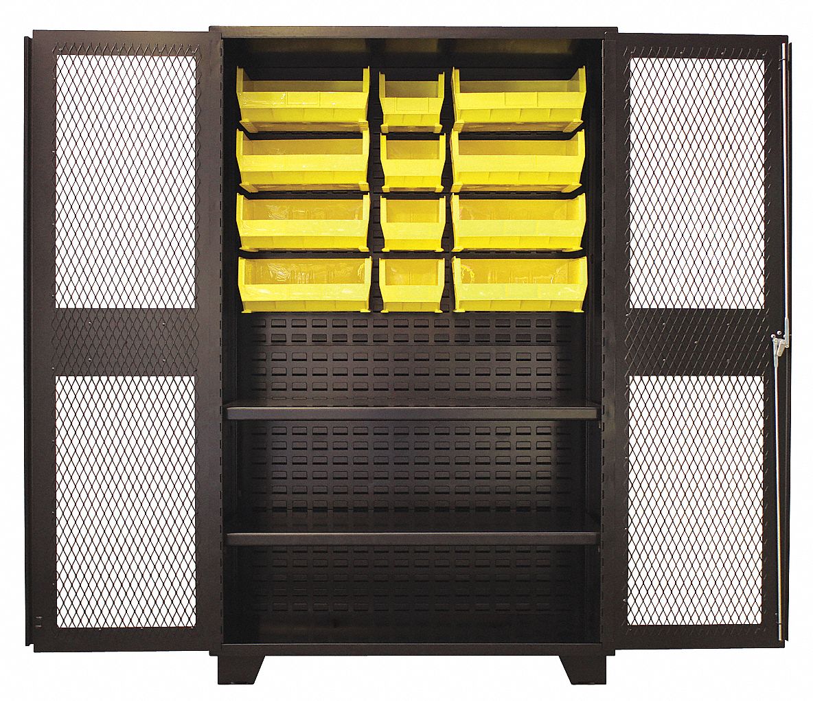 Bin Cabinet: 48 in x 24 in 78 in, 2 Shelves, 12 Bins, Yellow, Ventilated, 14 ga Panel, Black