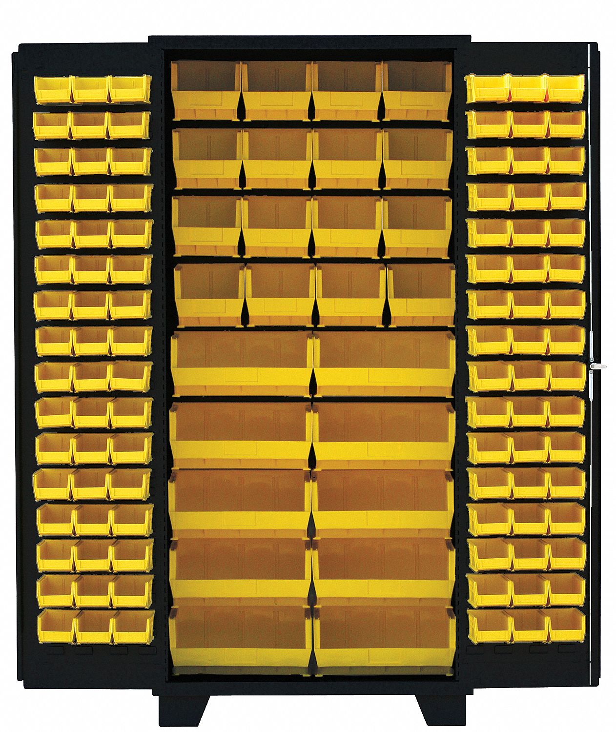 Bin Cabinet: 36 in x 24 in 78 in, 0 Shelves, 122 Bins, Yellow, Deep Box, 14 ga Panel, Black