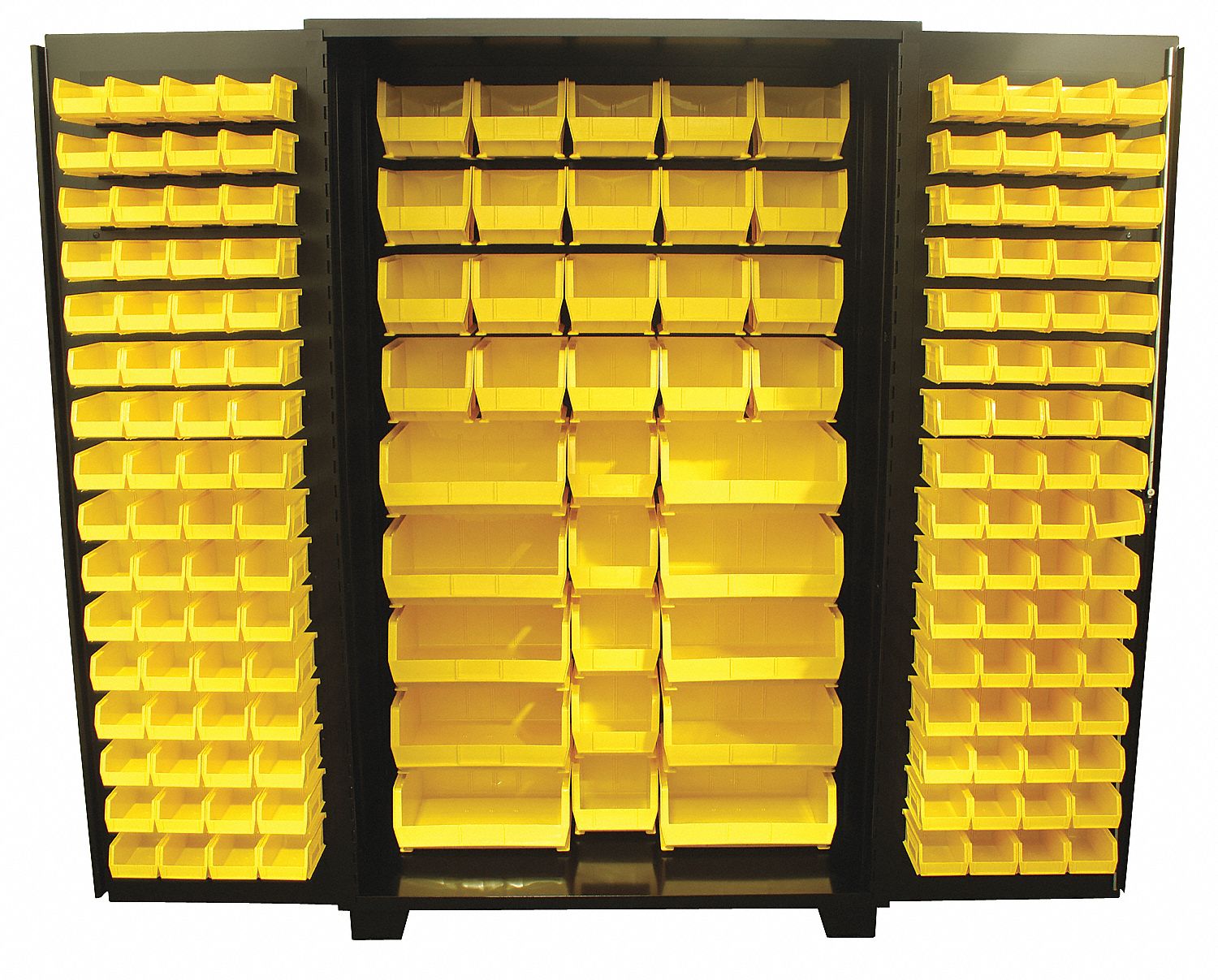 Bin Cabinet: 48 in x 24 in 78 in, 0 Shelves, 163 Bins, Yellow, Flush, 14 ga Panel, Black, Bins