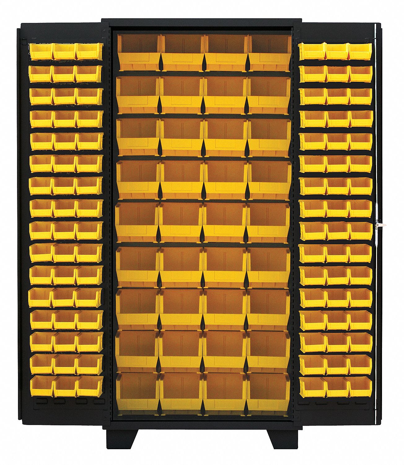 Bin Cabinet: 36 in x 24 in 78 in, 0 Shelves, 132 Bins, Yellow, Flush, 14 ga Panel, Black, Bins