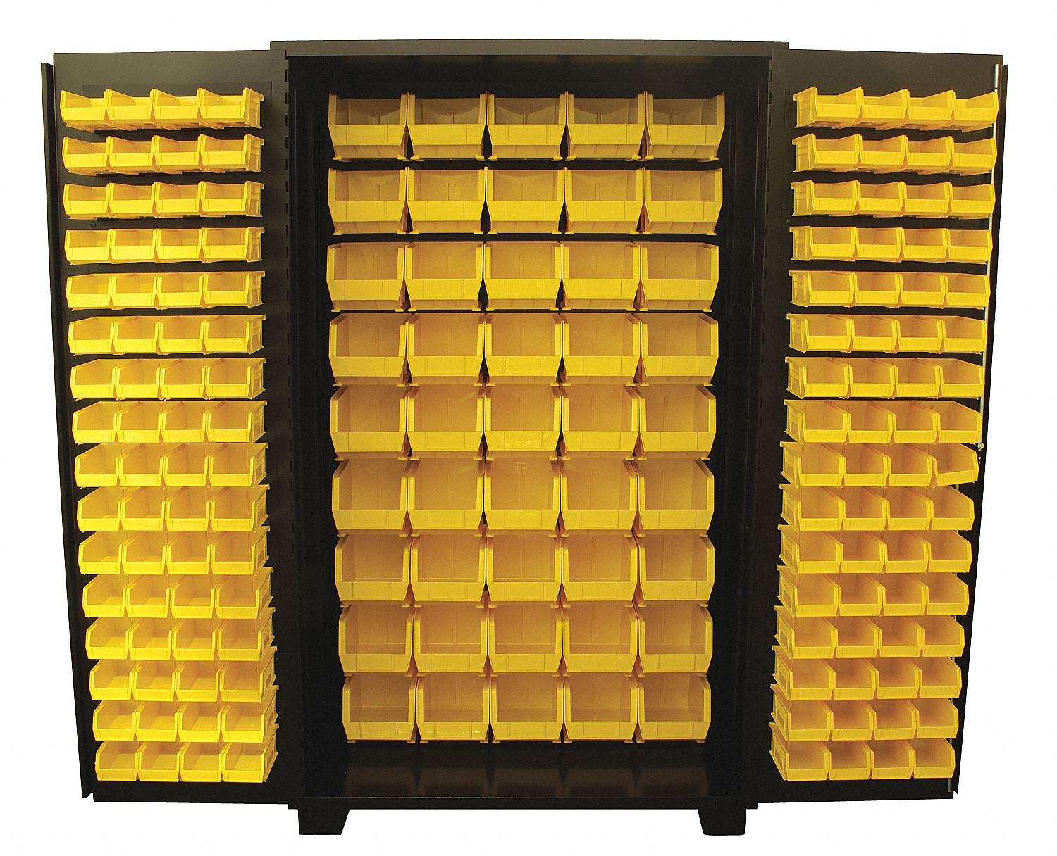 Bin Cabinet: 48 in x 24 in 78 in, 0 Shelves, 173 Bins, Yellow, Flush, 14 ga Panel, Black, Bins