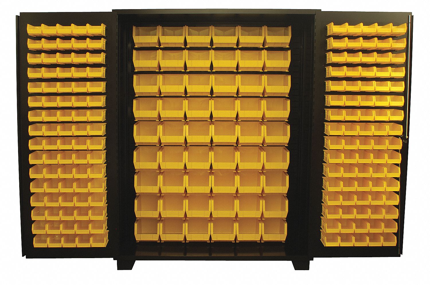 Bin Cabinet: 60 in x 24 in 78 in, 0 Shelves, 214 Bins, Yellow, Flush, 14 ga Panel, Black, Bins