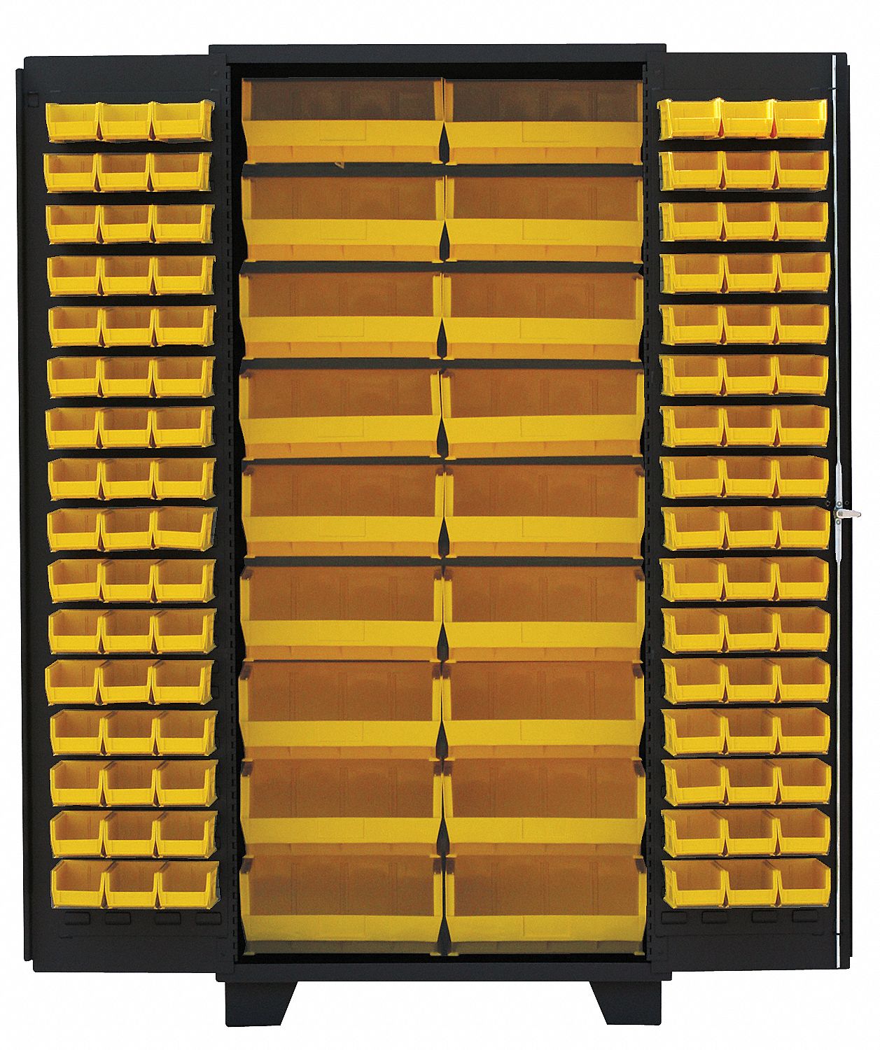 Bin Cabinet: 36 in x 24 in 78 in, 0 Shelves, 114 Bins, Yellow, Flush, 14 ga Panel, Black, Bins