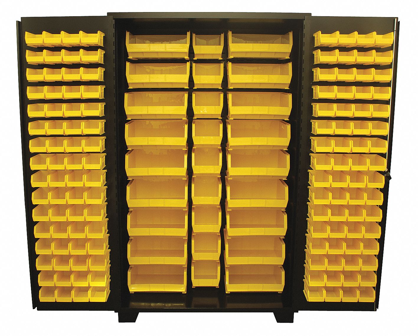 Bin Cabinet: 48 in x 24 in 78 in, 0 Shelves, 155 Bins, Yellow, Flush, 14 ga Panel, Black, Bins