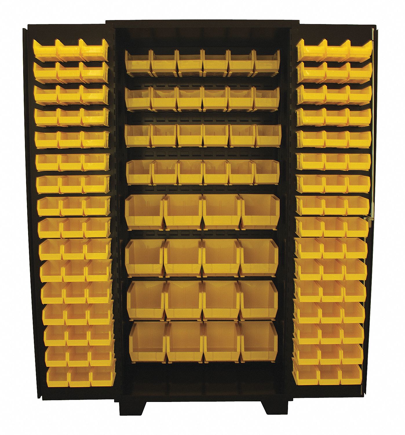 Bin Cabinet: 36 in x 24 in 78 in, 0 Shelves, 136 Bins, Yellow, Flush, 14 ga Panel, Black, Bins