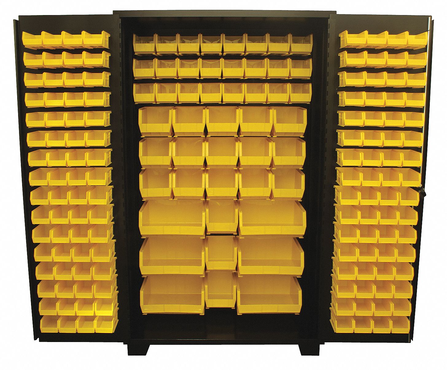 Bin Cabinet: 48 in x 24 in 78 in, 0 Shelves, 176 Bins, Yellow, Flush, 14 ga Panel, Black, Bins
