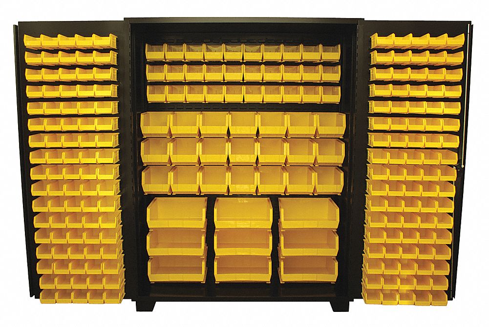 Bin Cabinet: 60 in x 24 in 78 in, 0 Shelves, 230 Bins, Yellow, Flush, 14 ga Panel, Black, Bins