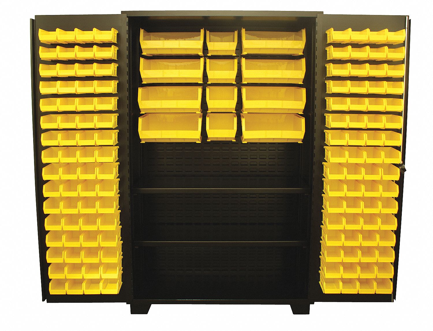 Bin Cabinet: 48 in x 24 in 78 in, 2 Shelves, 140 Bins, Yellow, Flush, 14 ga Panel, Black