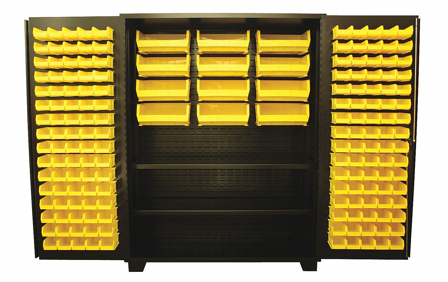 Bin Cabinet: 60 in x 24 in 78 in, 2 Shelves, 172 Bins, Yellow, Flush, 14 ga Panel, Black