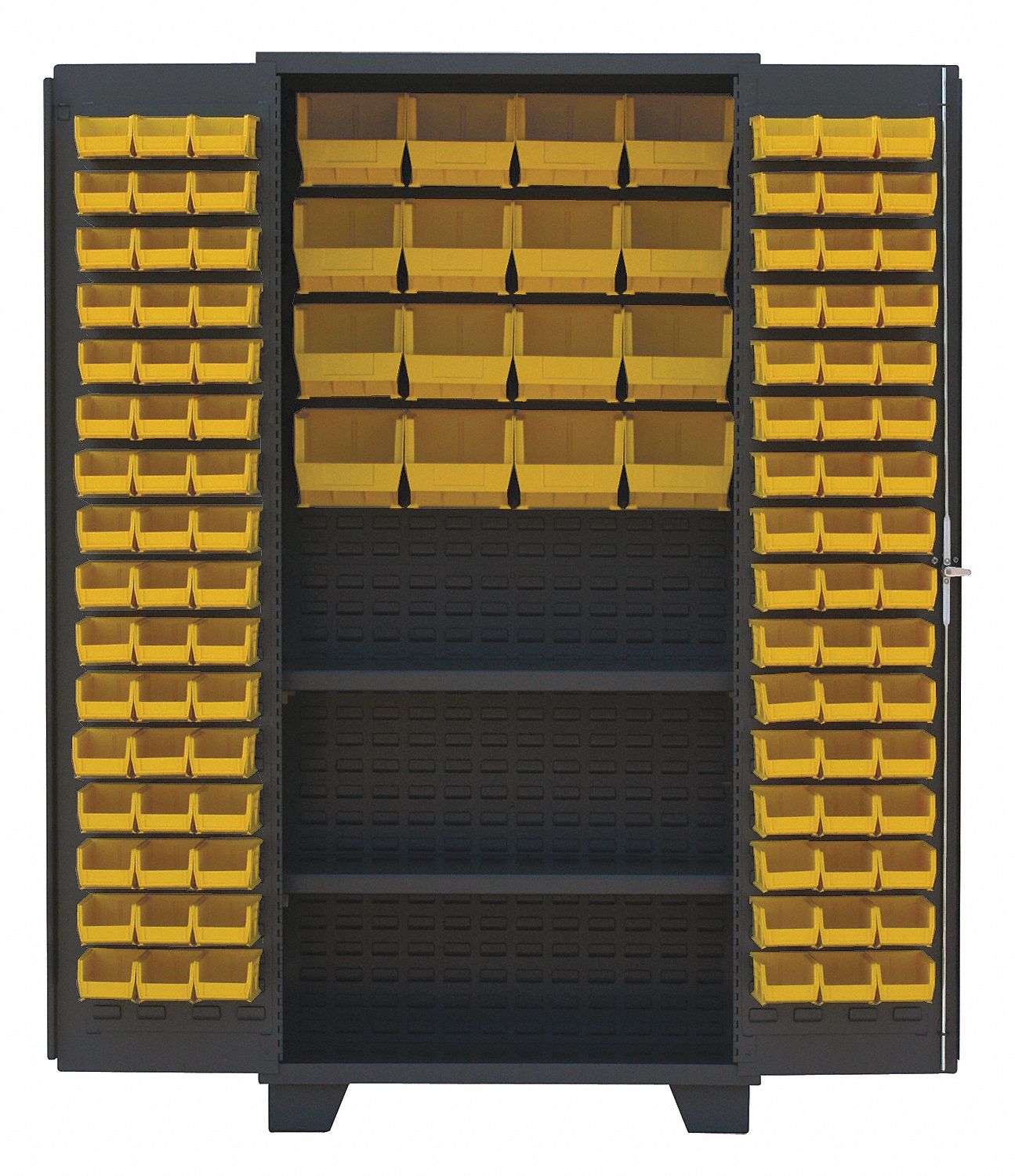 Bin Cabinet: 36 in x 24 in 78 in, 2 Shelves, 112 Bins, Yellow, Flush, 14 ga Panel, Black