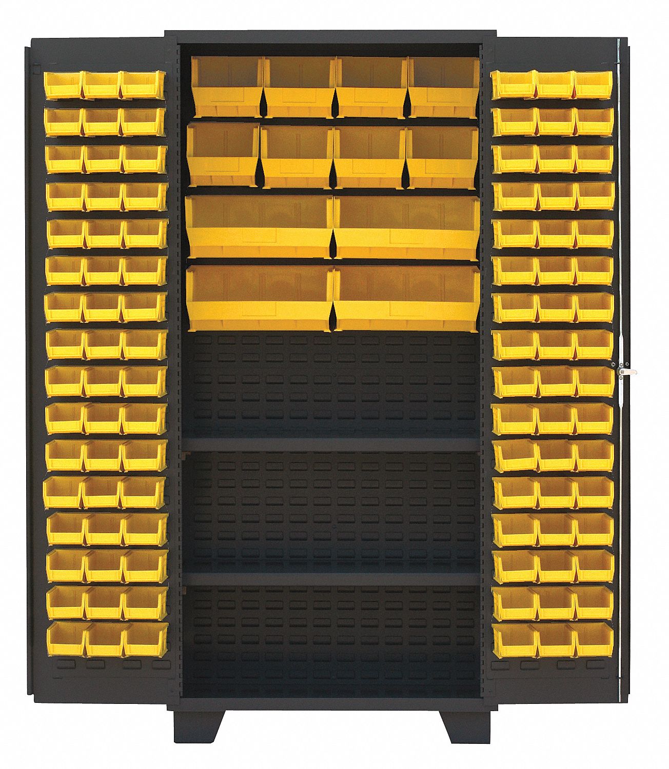 Bin Cabinet: 36 in x 24 in 78 in, 2 Shelves, 108 Bins, Yellow, Flush, 14 ga Panel, Black