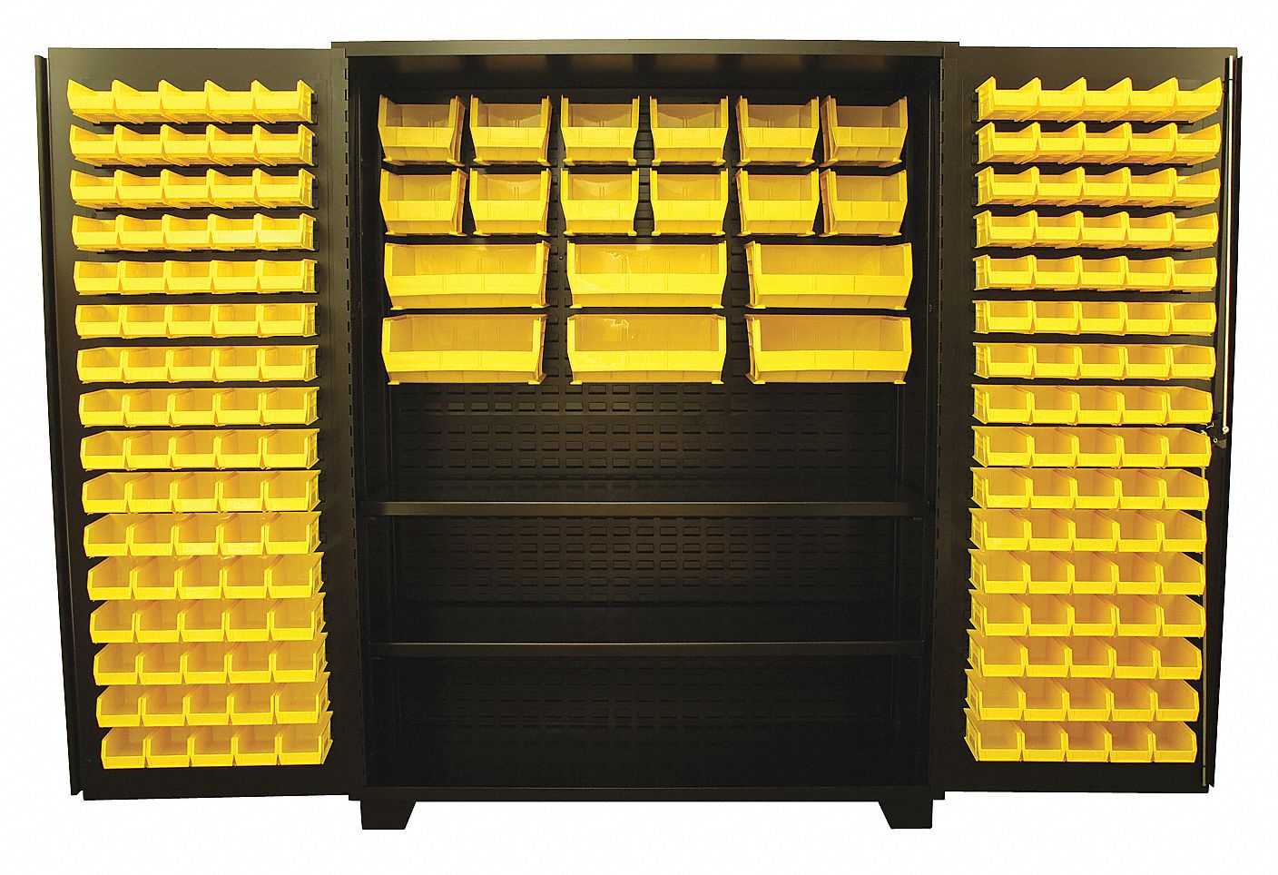 Bin Cabinet: 60 in x 24 in 78 in, 2 Shelves, 178 Bins, Yellow, Flush, 14 ga Panel, Black