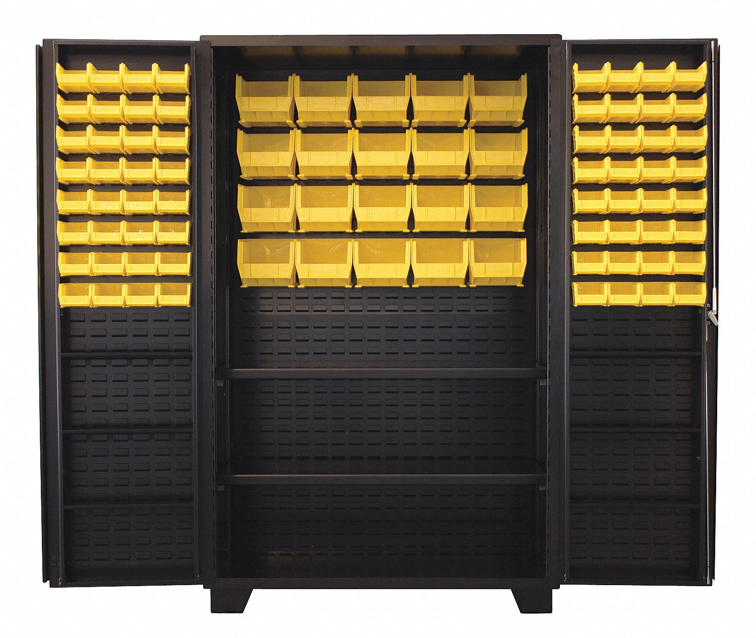 Bin Cabinet: 48 in x 24 in 78 in, 8 Shelves, 84 Bins, Yellow, Deep Box, 14 ga Panel, Black