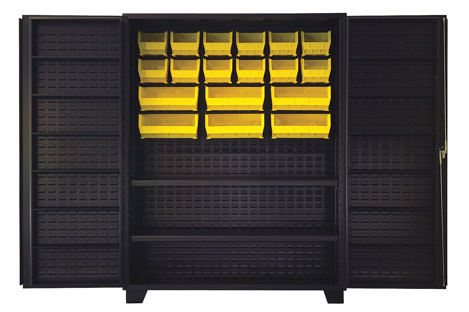 Bin Cabinet: 60 in x 24 in 78 in, 14 Shelves, 18 Bins, Yellow, Deep Box, 14 ga Panel, Black