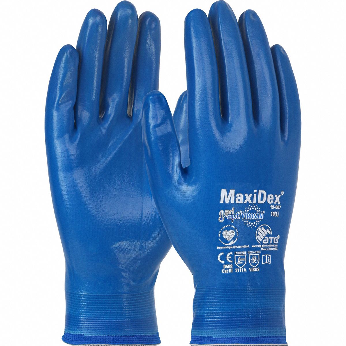Knit Gloves: 2XL, Flat, Nitrile, Full, Dipped, Nylon ( 15 ga ), Full Finger, Elastic Cuff, 1 PR