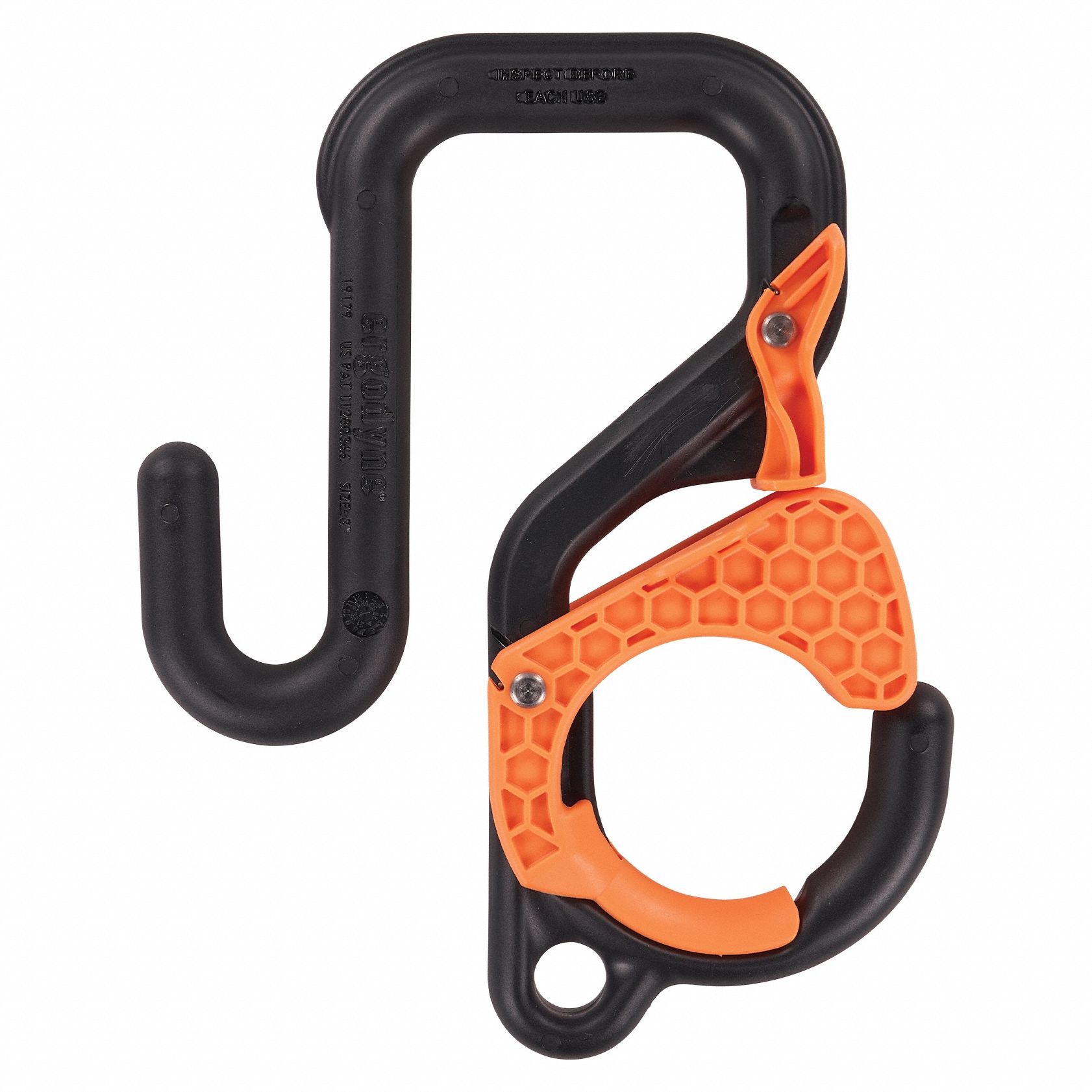 Bucket Hook: 3 in W x 3 3/4 in H x 8 1/2 in L, Black/Orange, Plastic