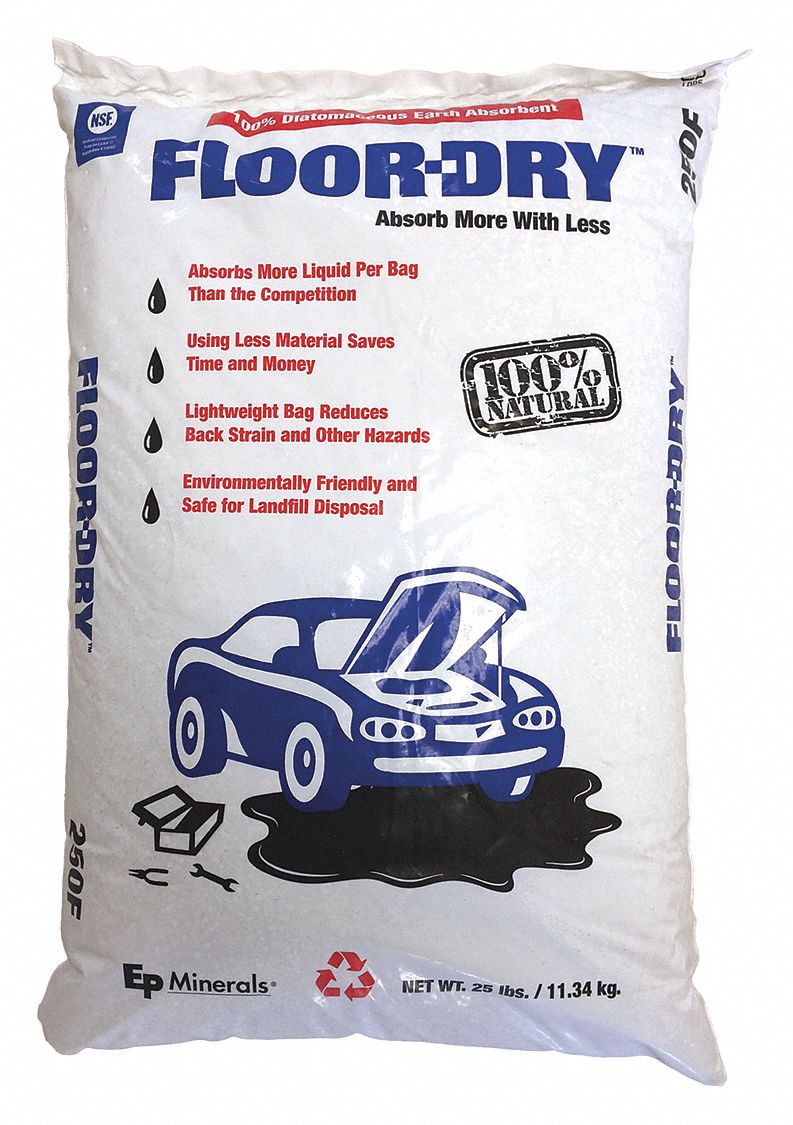 Granular Sorbent: Diatomaceous Earth, 9 qt Volume Absorbed per Pkg., 25 lb Wt, Bag, J1