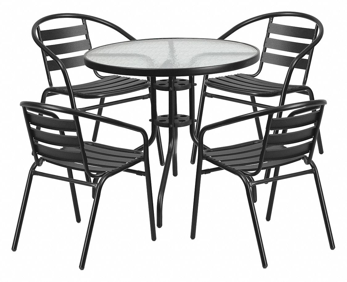 FLASH FURNITURE, Black, 31 1/2 in Dia, Glass Patio Table Set,Round