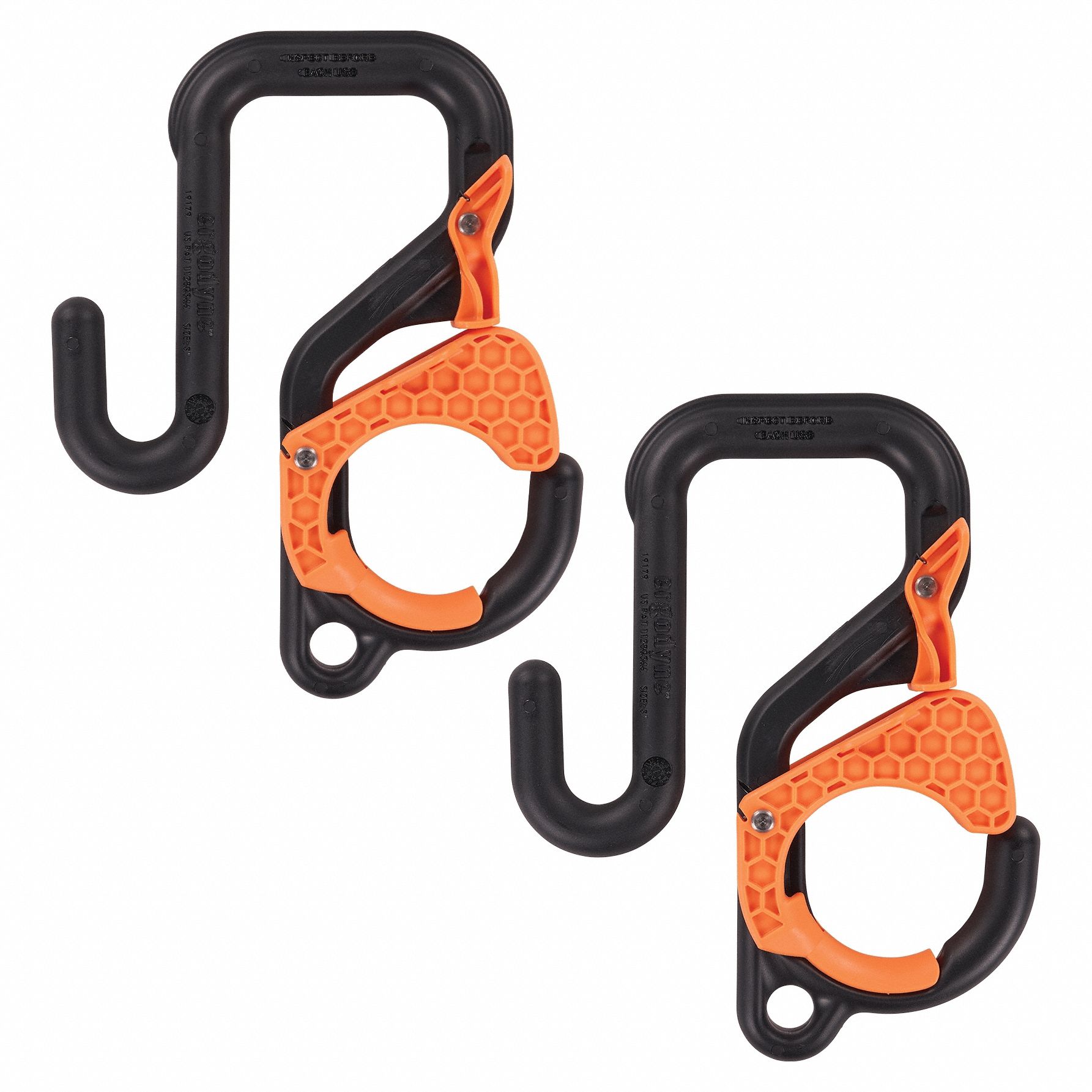 Bucket Hook: 3 in W x 3 3/4 in H x 8 1/2 in L, Black/Orange, Plastic