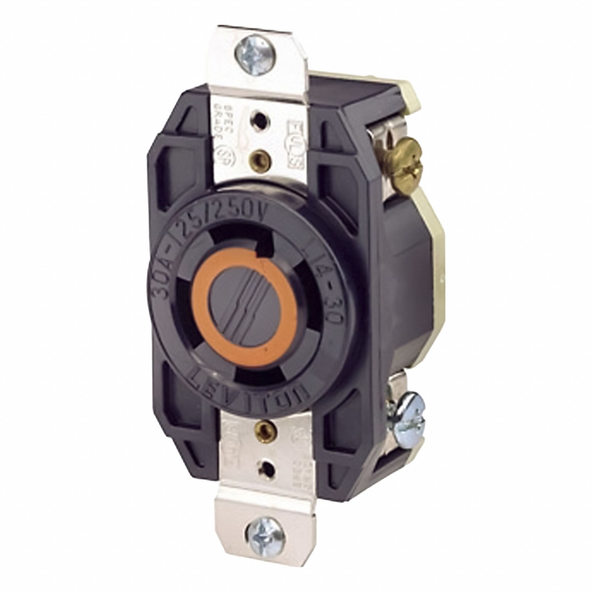 Flush Mounting Lock Receptacle: L14-30R, 30 A, 125/250V AC, Black, 3 Poles, Shrouded