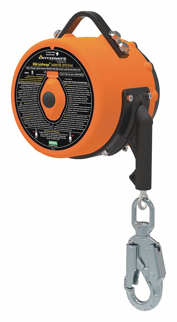 Self-Retracting Lifeline: Stainless Steel Carabiner Anchor, Harness Steel Snap Hook, 30 ft Line