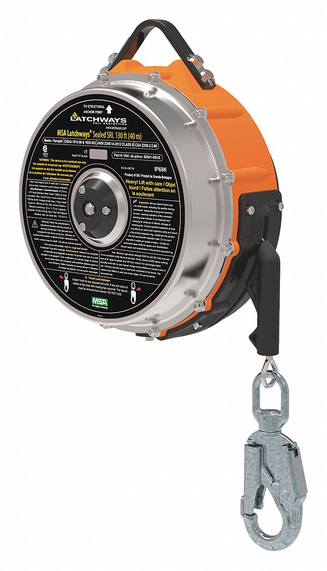 Self-Retracting Lifeline: Stainless Steel Carabiner Anchor, Harness Steel Snap Hook, 130 ft Line