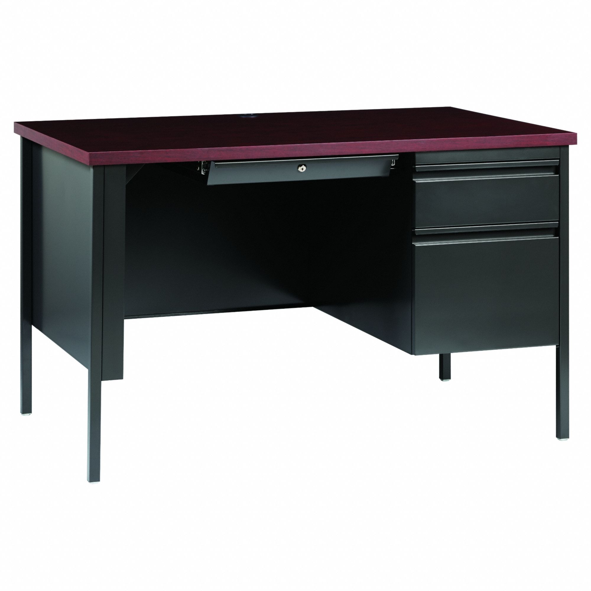 Office Desk: Particle Board, Charcoal/Mahogany, 1 Pedestals, 3 Drawers, 48 in Overall Wd
