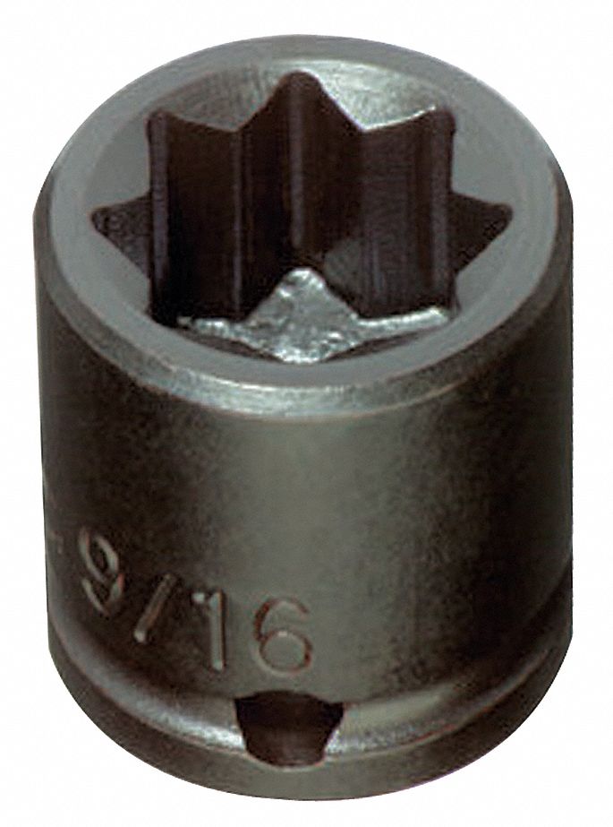 Impact Socket: 3/8 in Drive Size, SAE, 3/8 in Socket Size, 8-Point, Std, 1 in Overall Lg