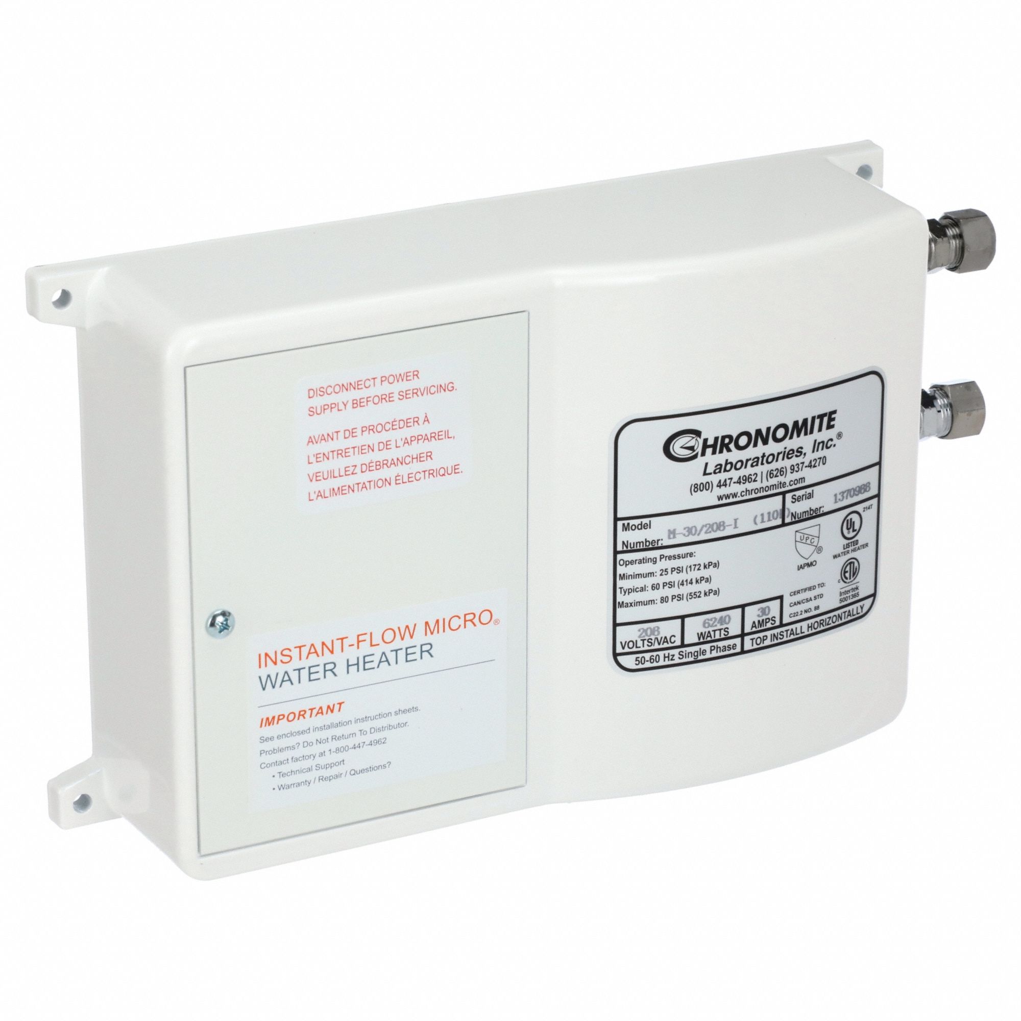 Electric Tankless Water Heater: Indoor, 6, 240 W, 2 gpm Max. Flow Rate