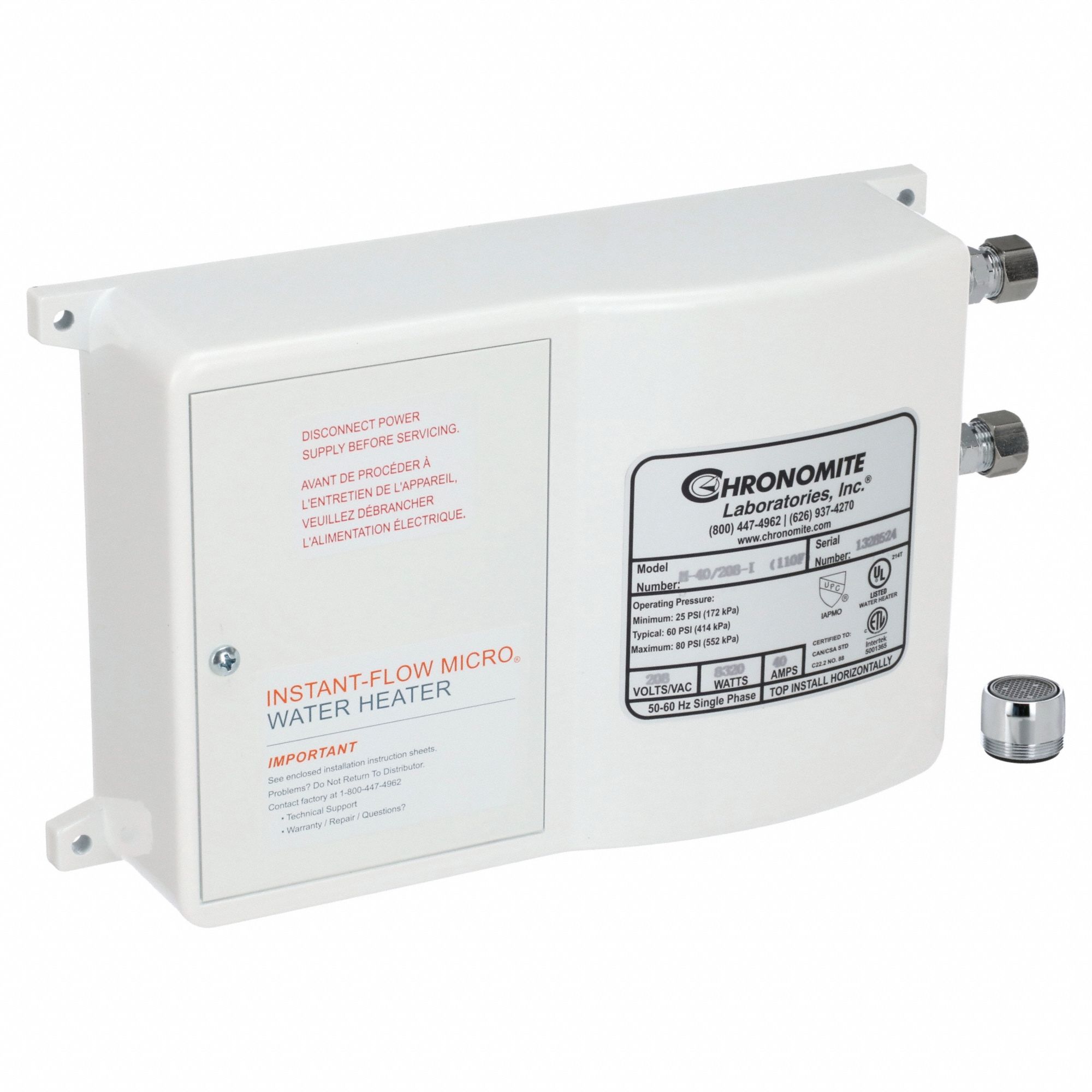 Electric Tankless Water Heater: Indoor, 8, 320 W, 2 gpm Max. Flow Rate