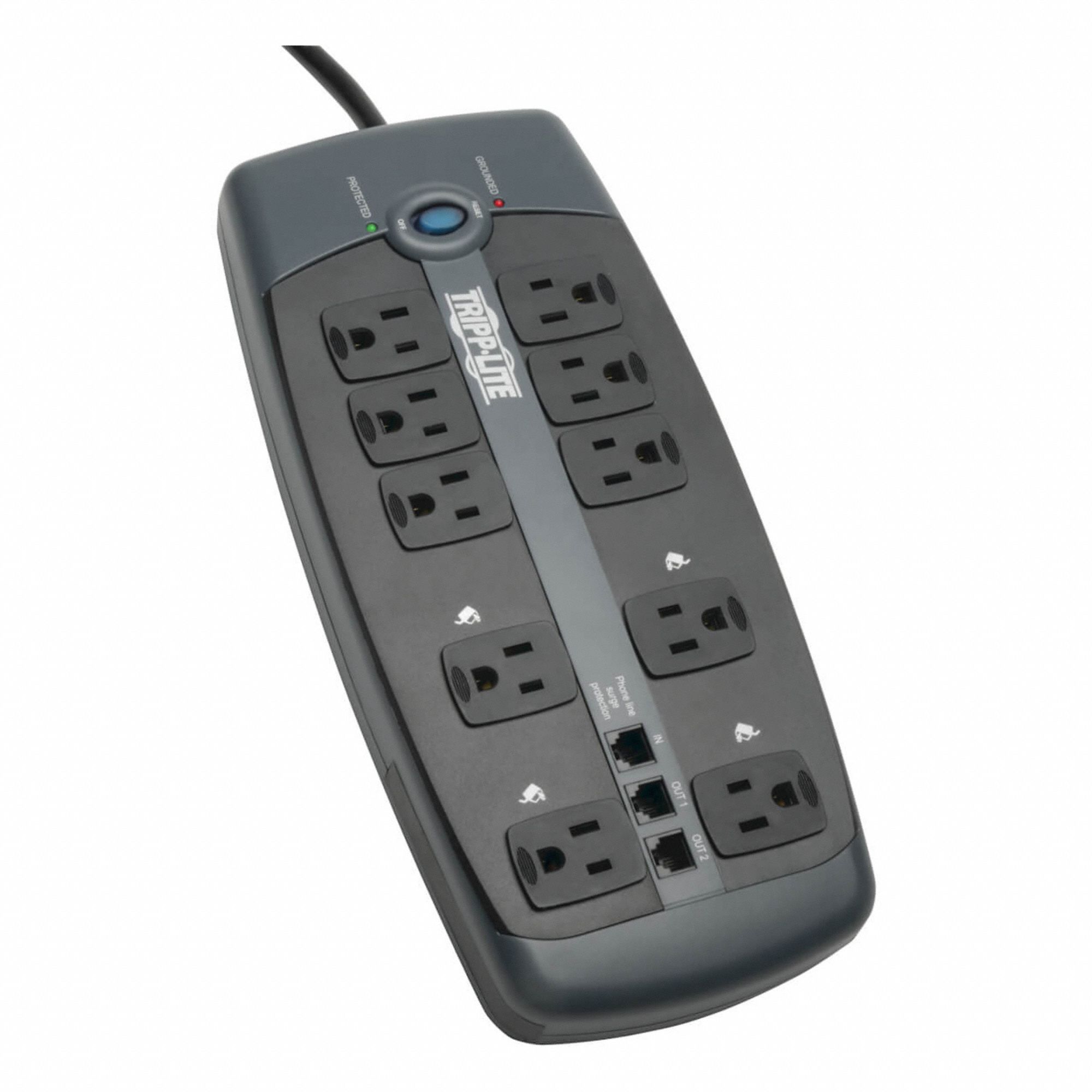 SURGE PROTECTOR, PLASTIC, BLACK, 14 AWG, 15A, 120V AC, 3 CONDUCTORS, 8 FT L, 11 51/64 IN