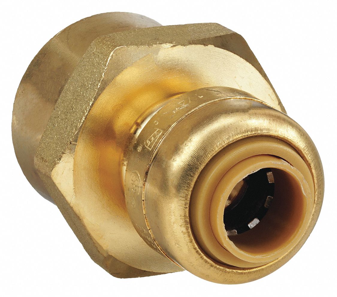 Push-Fit Adapter Fitting: 1/4 in OD x 1/2 in Pipe Size, Push-to-Connect x FNPT, Brass