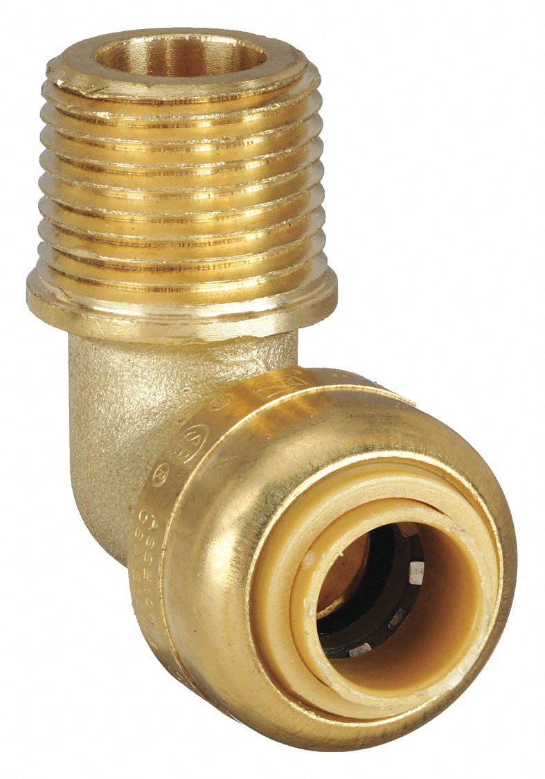 Push-Fit Elbow Fitting: 1/4 in OD x 3/8 in Pipe Size, Push-to-Connect x MNPT, Brass