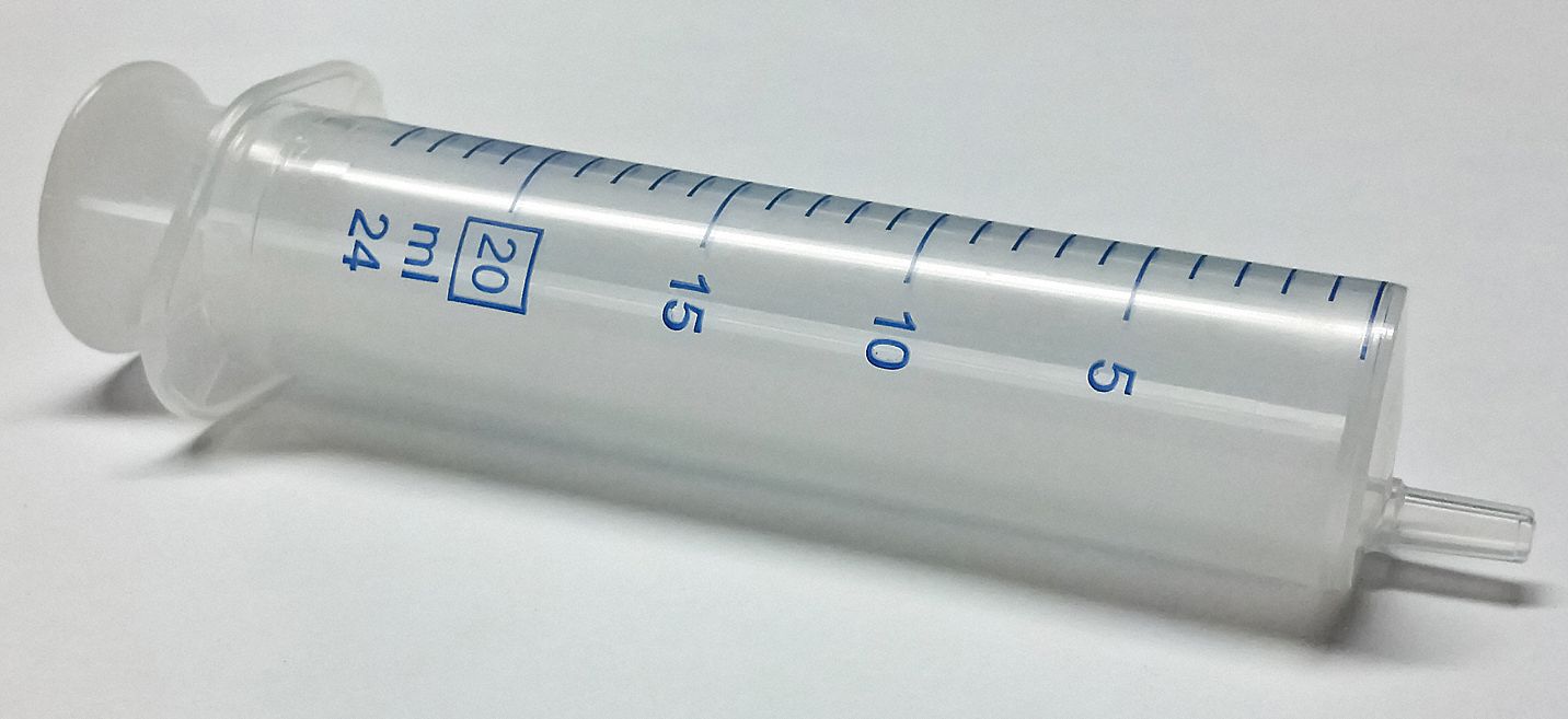 All-Plastic Syringe: 20 mL Capacity, Polypropylene, 100 PK