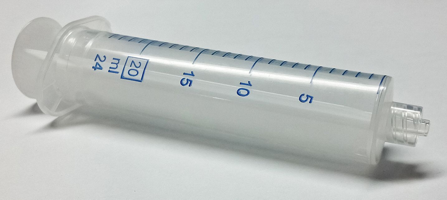All-Plastic Syringe: 20 mL Capacity, Polypropylene, Clear Barrel/Natural Plunger, 100 PK