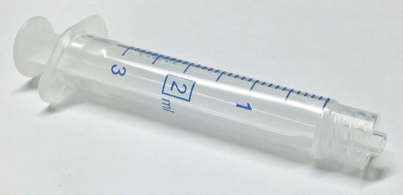 All-Plastic Syringe: 2 mL Capacity, Polypropylene, 100 PK