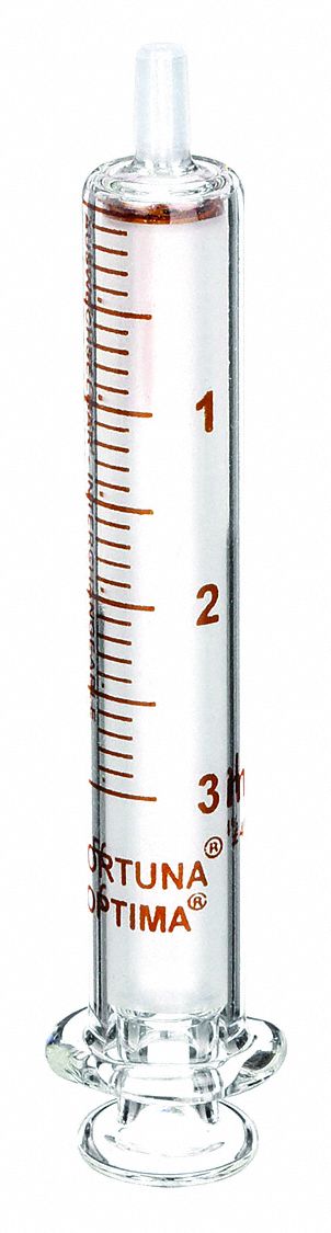 Reusable Glass Syringe: 3 mL Capacity - mL, Luer Slip, Borosilicate Glass, Reusable