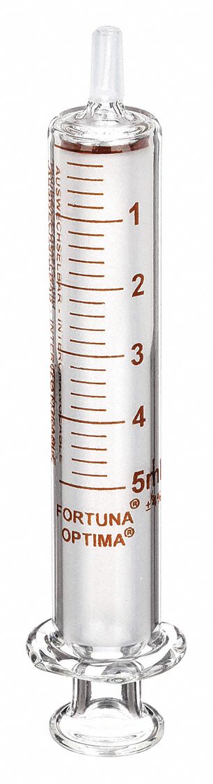 Reusable Glass Syringe: 5 mL Capacity - mL, Luer Slip, Borosilicate Glass, Reusable